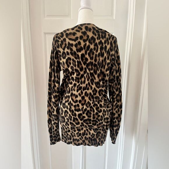Michael Kors Leopard V-Neck Tunic Sweater M Brown Lightweight Layering Animal - Picture 5 of 10